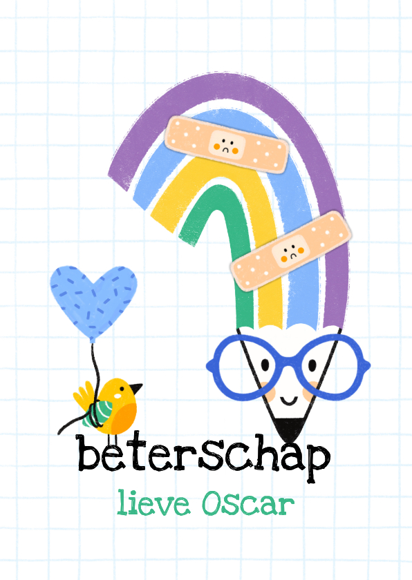 Beterschapskaart regenboog potlood en vogel met ballon - Beterschapskaarten Beterschapskaarten - Beterschapskaart regenboog potlood en vogel met ballon