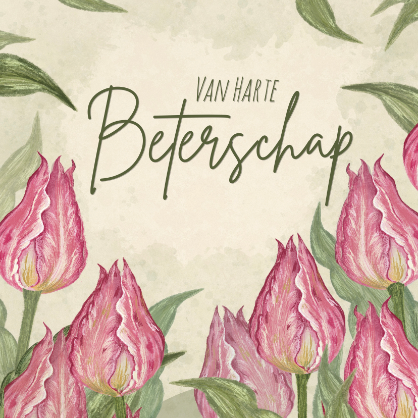 Beterschapskaart tulpen met roze en groen tinten - Beterschapskaarten Beterschapskaarten - Beterschapskaart tulpen met roze en groen tinten