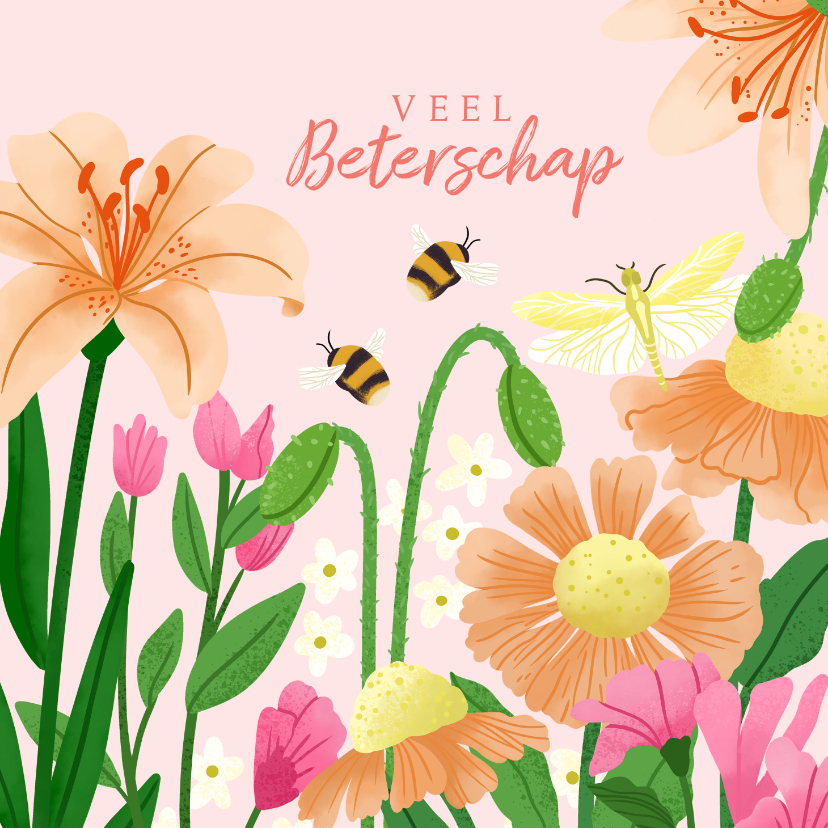 Beterschapskaarten - Beterschapskaart veel beterschap met bloemen en hommels