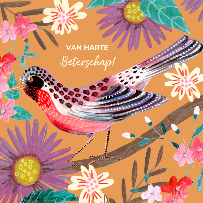 Beterschapskaarten - Beterschapskaart vogel met bloemen oranje