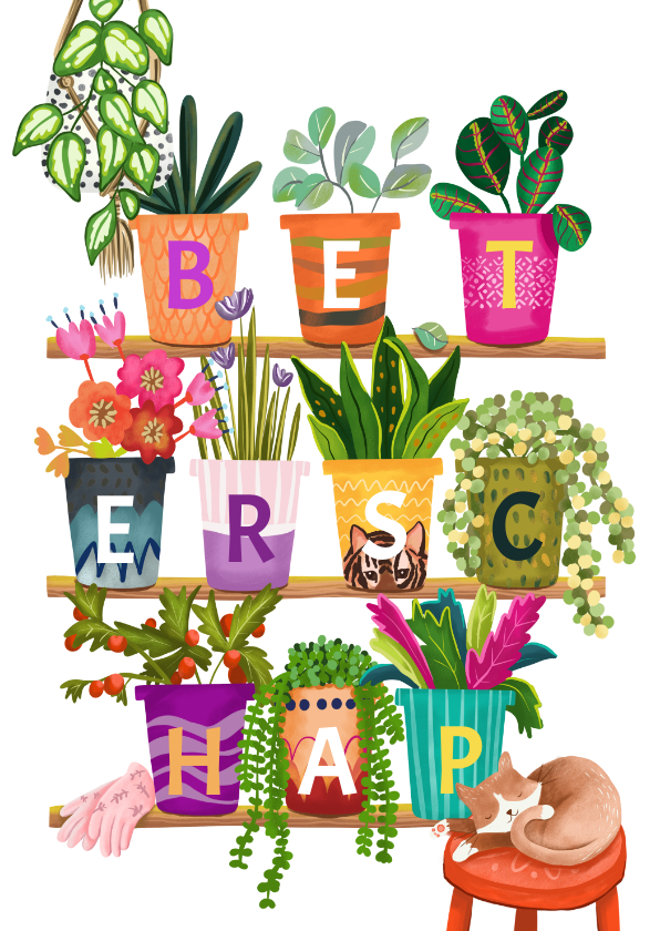 Beterschapskaarten - Beterschapskaart vrolijke letters kleurrijke planten in pot