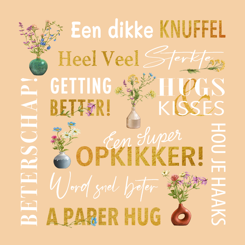 Beterschapskaarten - Beterschapskaart wilde bloemen in vaasjes typografie