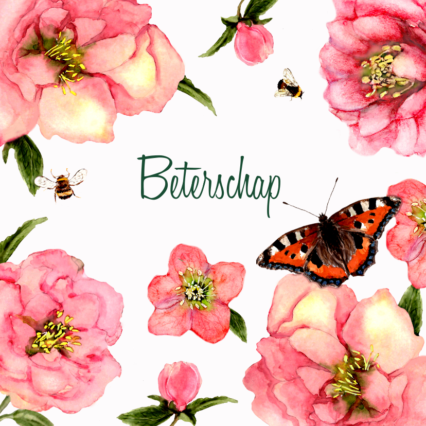 Beterschapskaarten - Beterschapskaart Zachte bloemen met vlinder
