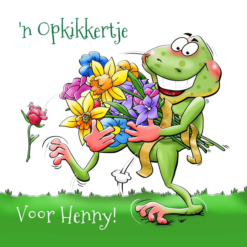 Beterschapskaarten - grappige beterschapskaart opkikker met bos bloemen