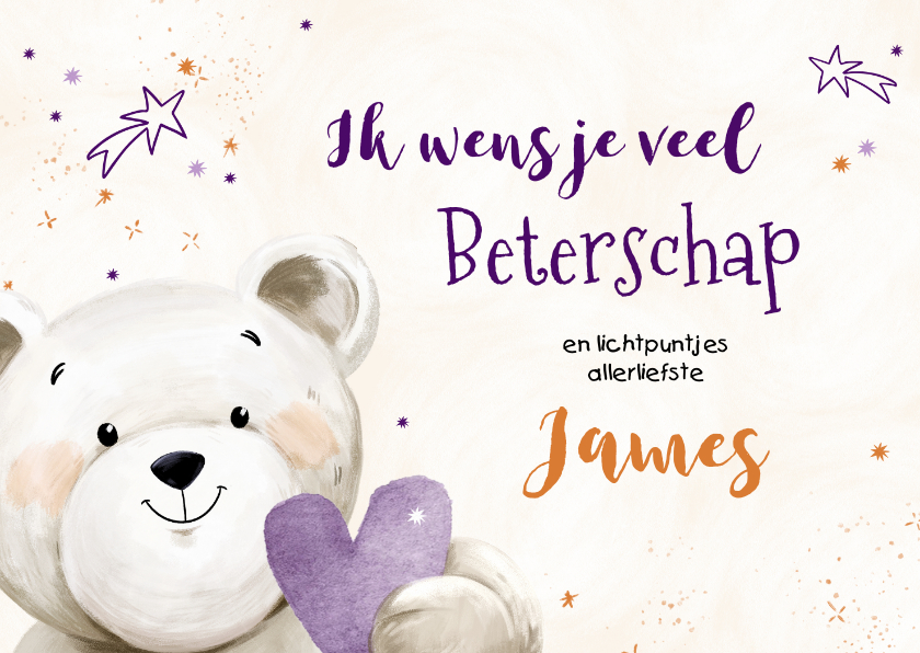 Beterschapskaarten - KiKa beterschapskaart met lieve knuffelbeer en hartje