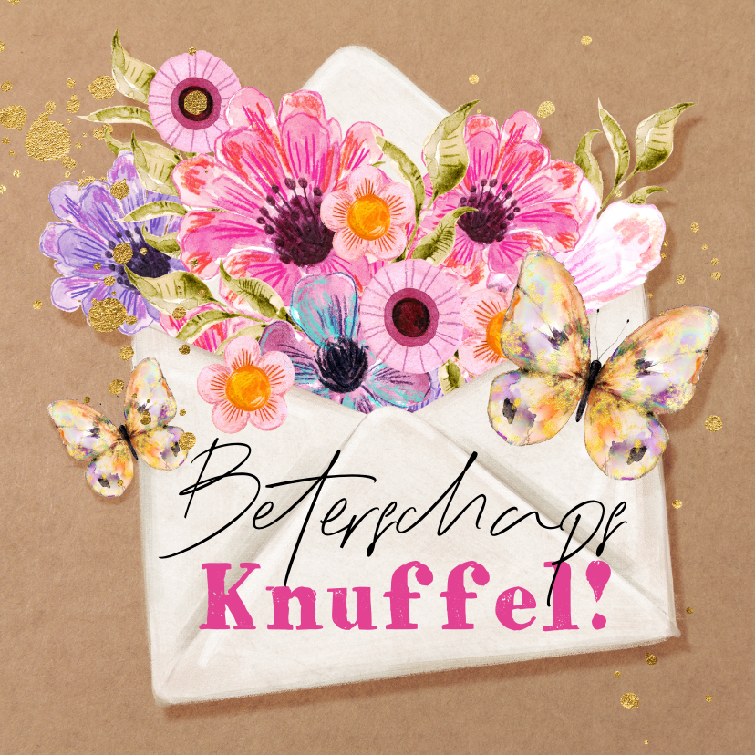 Beterschapskaarten - Kleurrijke beterschapskaart knuffel envelop bloemen vlinders