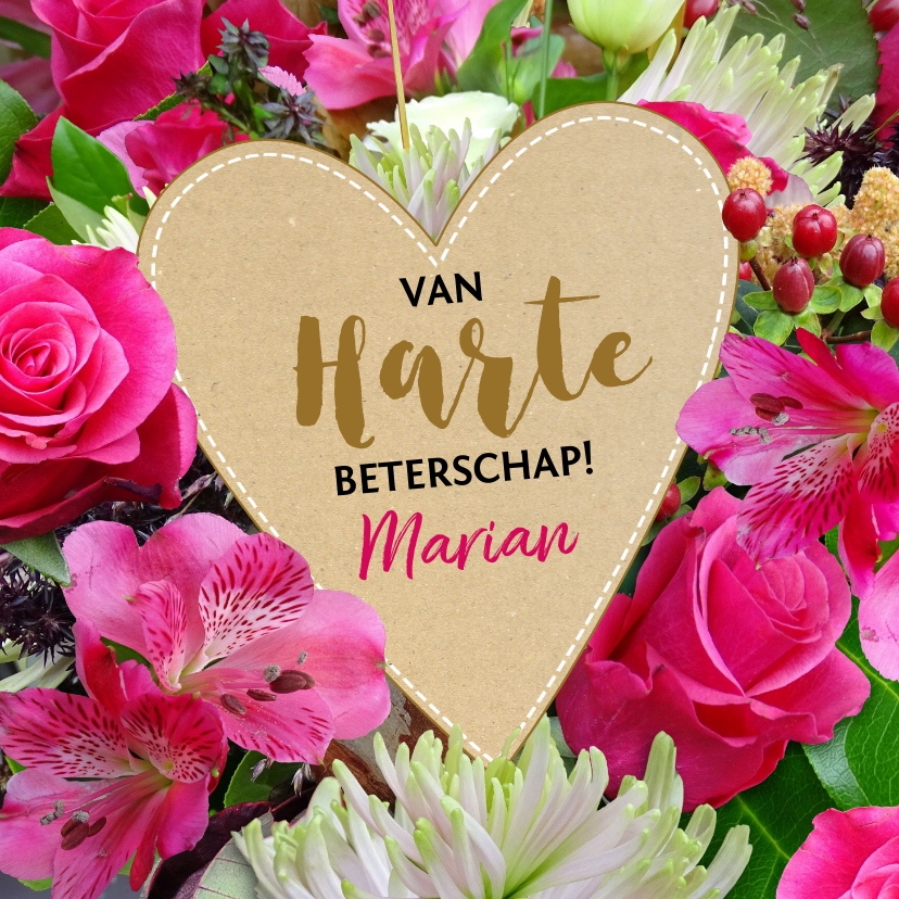Beterschapskaarten - Leuke beterschapskaart met kartonnen hart op bloemen