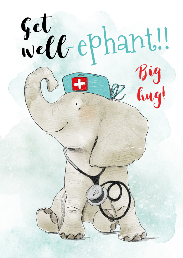 Beterschapskaarten - Lieve beterschapskaart get well olifant dokter 