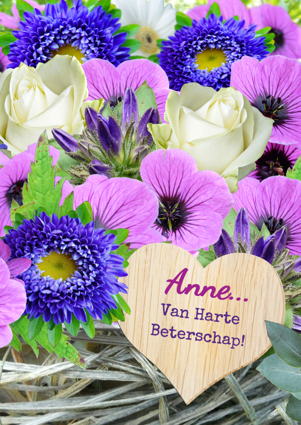 Beterschapskaarten - Mooie beterschapskaart lila bloemen met vlechtwerk en hart