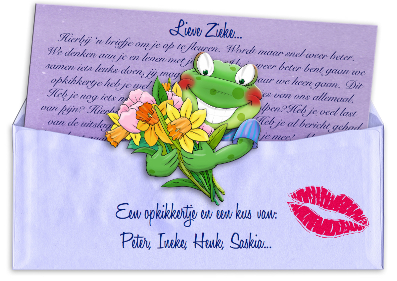 Opkikkertje met brief en diverse bloemen - Beterschapskaarten Beterschapskaarten - Opkikkertje met brief en diverse bloemen
