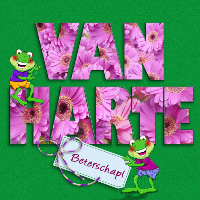 Opkikkertje met roze bloemen in tekst VAN HARTE - Beterschapskaarten Beterschapskaarten - Opkikkertje met roze bloemen in tekst VAN HARTE