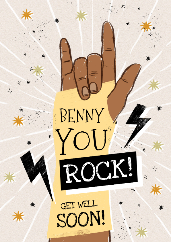 Beterschapskaarten - Stoere beterschapskaart met handgebaar 'You Rock' en sterren