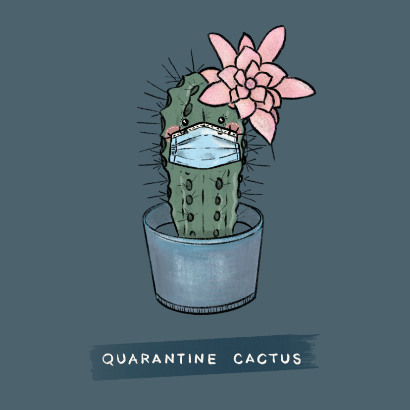 Vrolijke beterschapskaart van cactus met mondkapje op - Beterschapskaarten Beterschapskaarten - Vrolijke beterschapskaart van cactus met mondkapje op