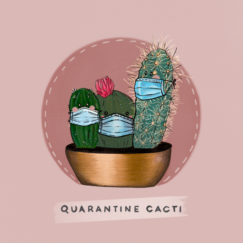 Vrolijke beterschapskaart van cactussen met mondkapjes - Beterschapskaarten Beterschapskaarten - Vrolijke beterschapskaart van cactussen met mondkapjes