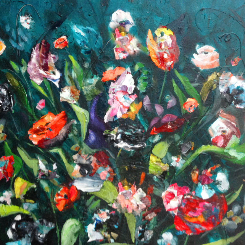 Bloemen schilderij print petrol - Bloemenkaarten Bloemenkaarten - Bloemen schilderij print petrol