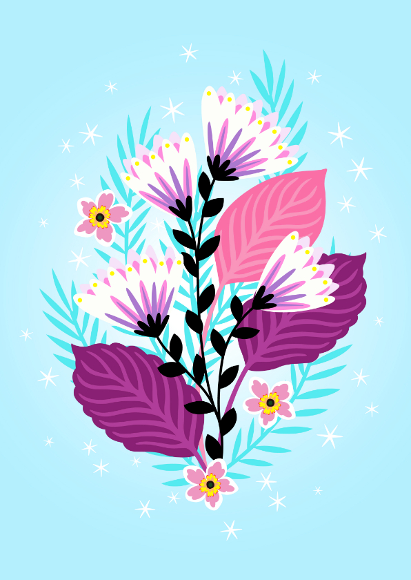 Elegante verjaardagskaart met bloemen en sterretjes - Bloemenkaarten Bloemenkaarten - Elegante verjaardagskaart met bloemen en sterretjes