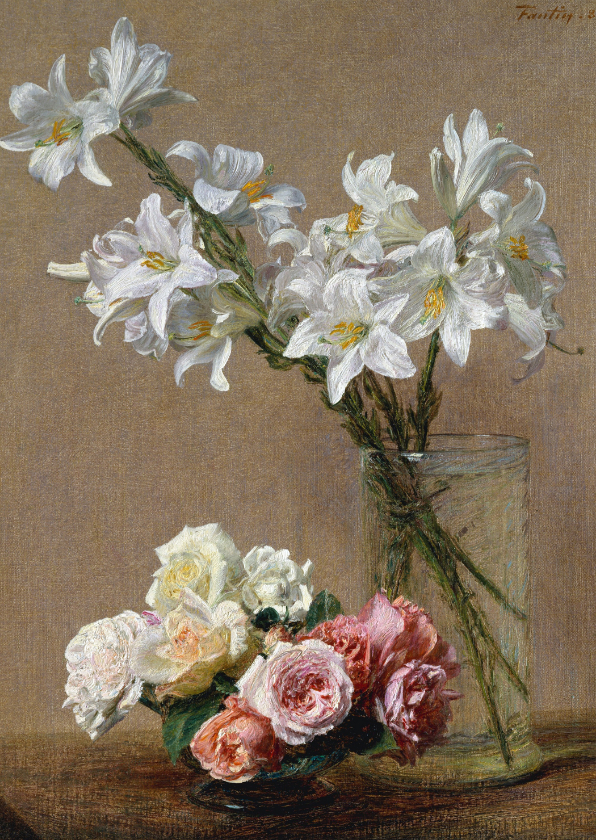 Kunstkaart van Henri Fantin Latour. Rozen en lelies - Bloemenkaarten Bloemenkaarten - Kunstkaart van Henri Fantin Latour. Rozen en lelies