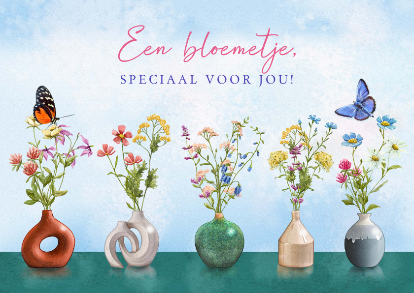 Bloemenkaarten - Leuke bloemenkaart met vaasjes met geschilderde bloemen