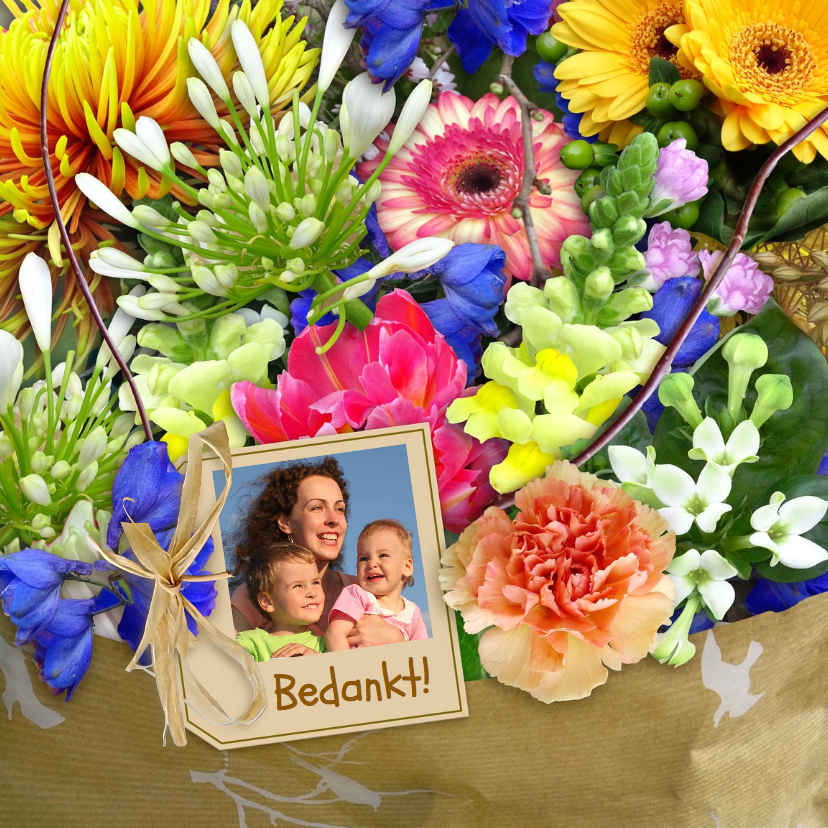 Leuke kleurige bloemenkaart met mooi boeket en foto - Bloemenkaarten Bloemenkaarten - Leuke kleurige bloemenkaart met mooi boeket en foto
