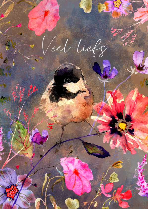 Bloemenkaarten - Lief vogeltje met bloemen 
