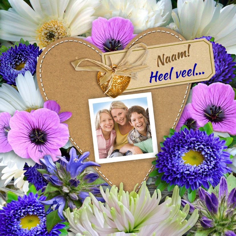 Mooie bloemenkaart met foto op hart van karton - Bloemenkaarten Bloemenkaarten - Mooie bloemenkaart met foto op hart van karton