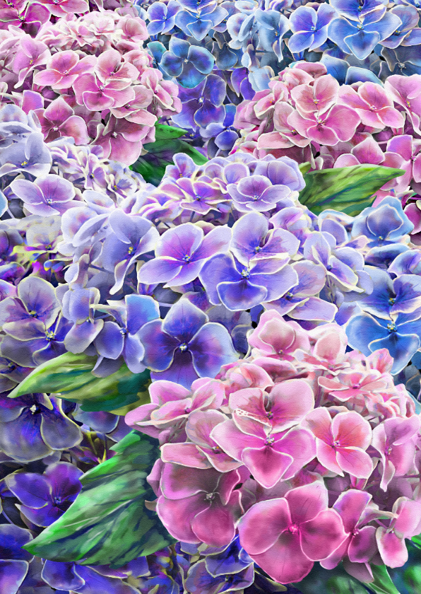 Mooie bloemenkaart met hortensia's in waterverf. - Bloemenkaarten Bloemenkaarten - Mooie bloemenkaart met hortensia's in waterverf.