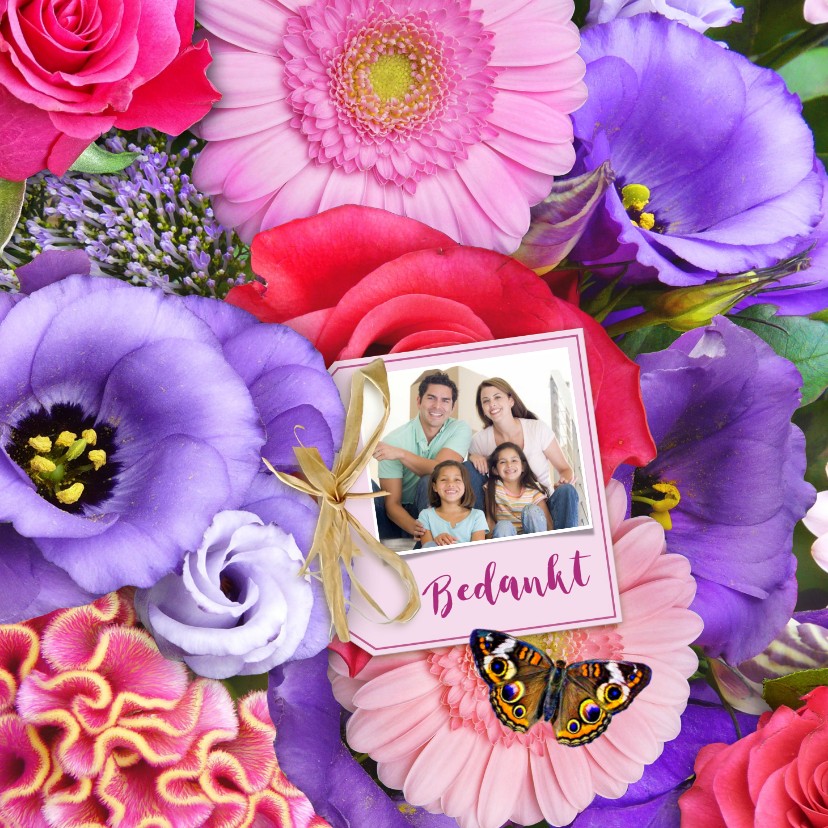 Mooie bloemenkaart met label, strikje en eigen foto - Bloemenkaarten Bloemenkaarten - Mooie bloemenkaart met label, strikje en eigen foto