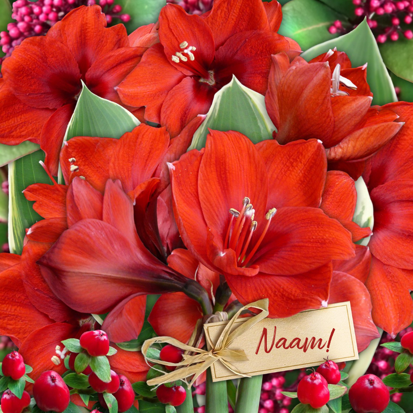 Mooie bloemenkaart met rode Amaryllissen en label voor naam - Bloemenkaarten Bloemenkaarten - Mooie bloemenkaart met rode Amaryllissen en label voor naam