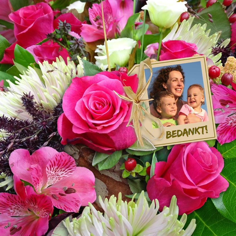 Bloemenkaarten - Mooie bloemenkaart met Rozen en Chrysanten en foto