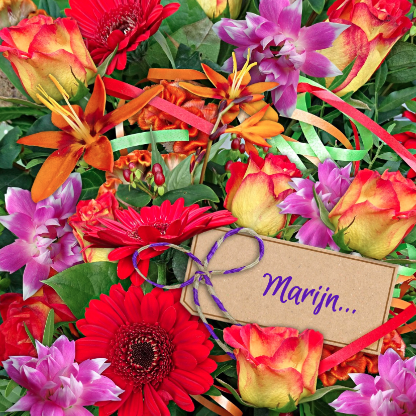 Vrolijke bloemenkaart met mooi boeket en kaartje voor naam - Bloemenkaarten Bloemenkaarten - Vrolijke bloemenkaart met mooi boeket en kaartje voor naam