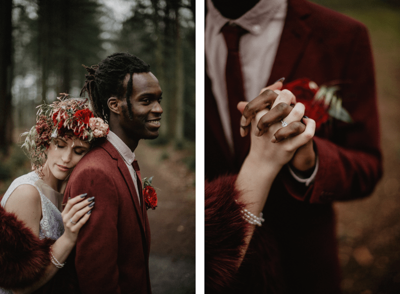 Fotoshoot in het bos bruid en bruidegom