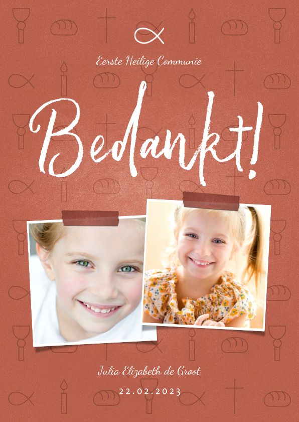 Bedankkaart communie christelijke symbolen met foto's meisje - Communiekaarten Communiekaarten - Bedankkaart communie christelijke symbolen met foto's meisje