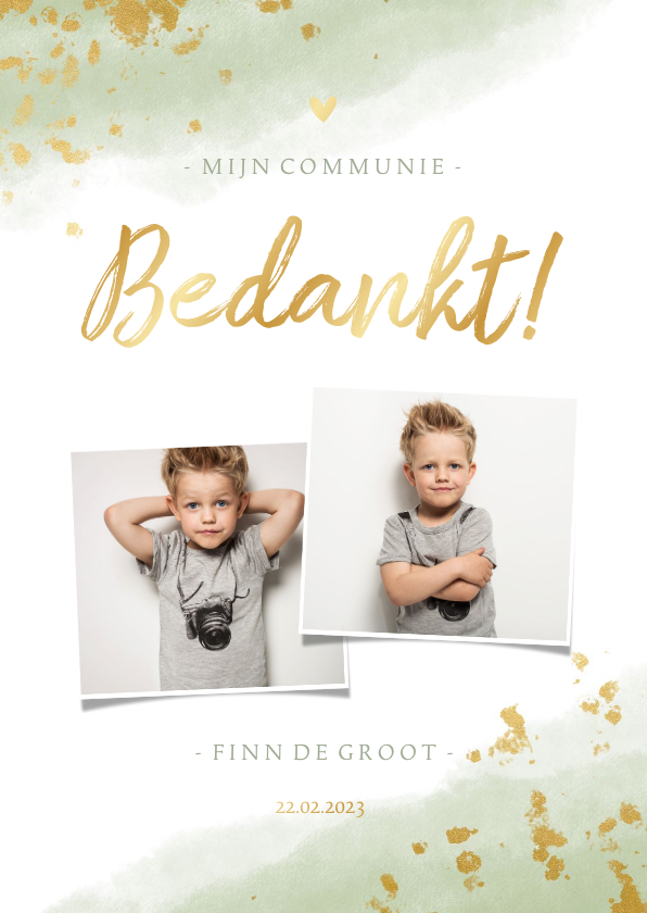 Bedankkaart communie jongen met waterverf en gouden spetters - Communiekaarten Communiekaarten - Bedankkaart communie jongen met waterverf en gouden spetters