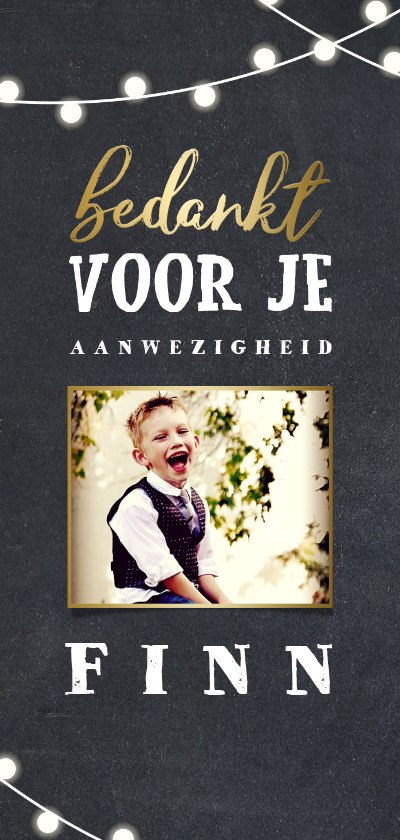 Bedankkaart communie lampjes goud met foto - Communiekaarten Communiekaarten - Bedankkaart communie lampjes goud met foto