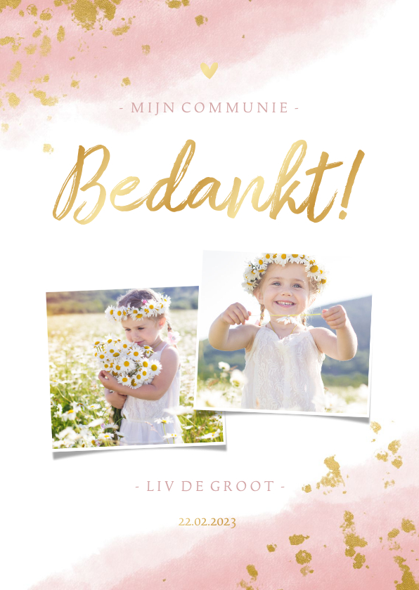Bedankkaart communie meisje met waterverf en gouden spetters - Communiekaarten Communiekaarten - Bedankkaart communie meisje met waterverf en gouden spetters
