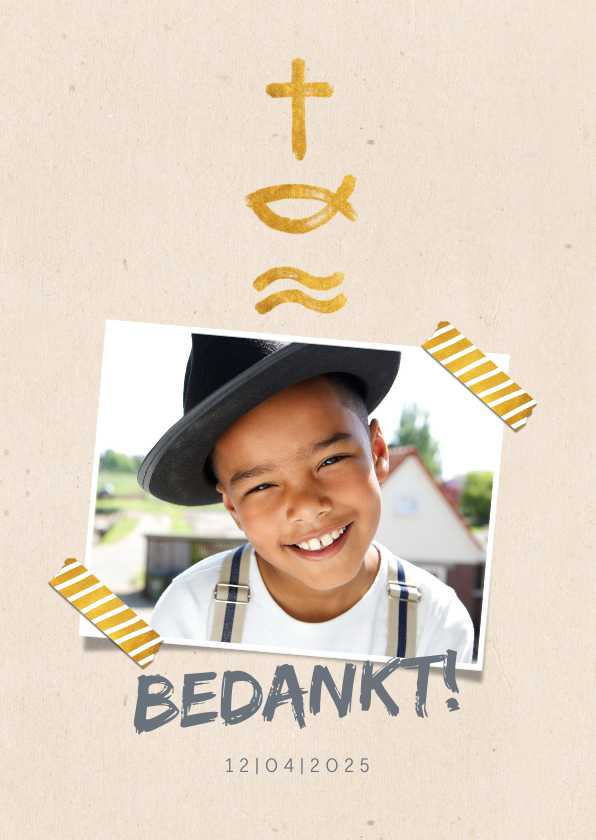 Bedankkaart communie met foto en christelijke symbolen - Communiekaarten Communiekaarten - Bedankkaart communie met foto en christelijke symbolen