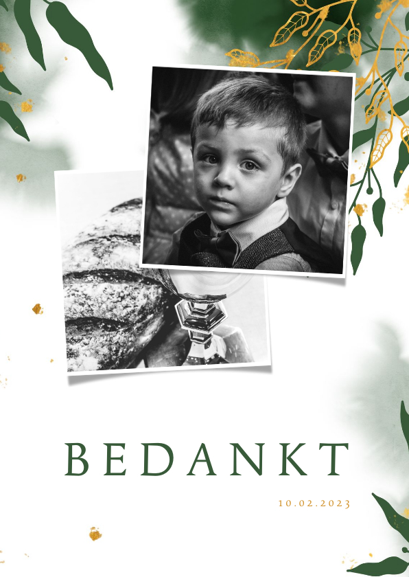 Bedankkaart communie met groene waterverf en gouden bladeren - Communiekaarten Communiekaarten - Bedankkaart communie met groene waterverf en gouden bladeren