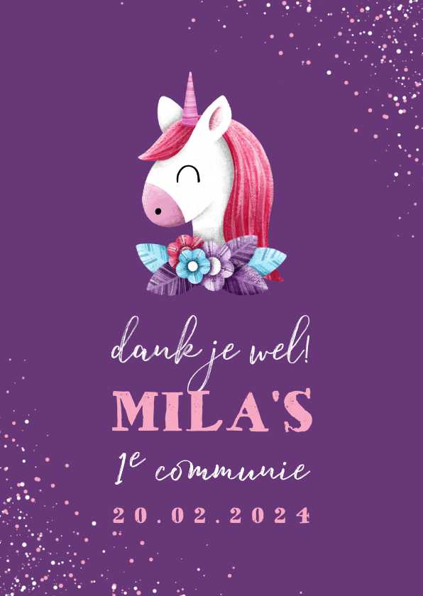 Communiekaarten - Bedankkaart communie met unicorn en confetti