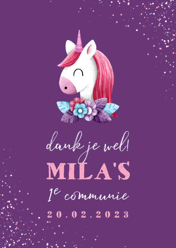 Bedankkaart communie met unicorn en confetti - Communiekaarten Communiekaarten - Bedankkaart communie met unicorn en confetti