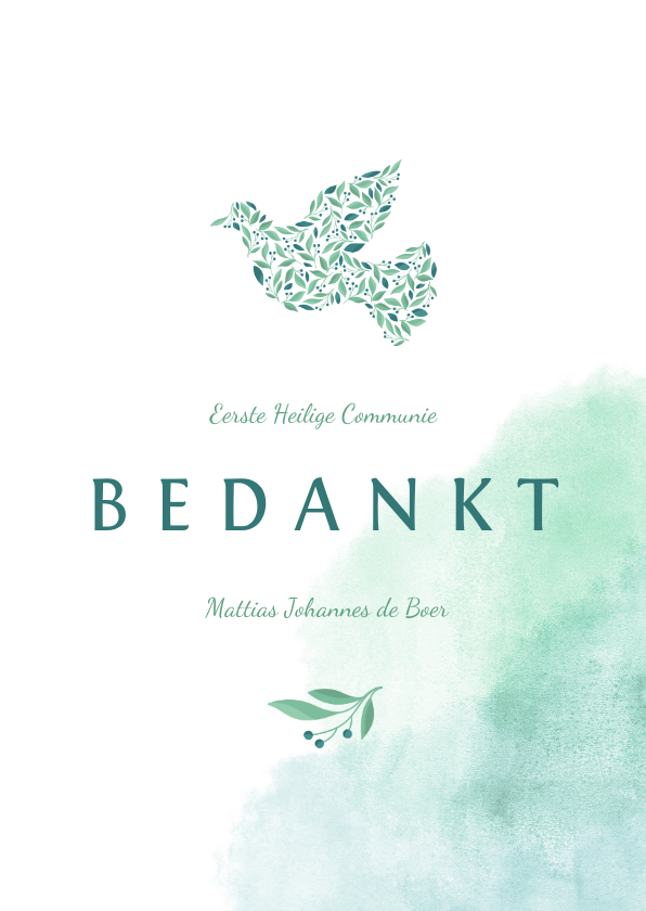 Bedankkaart communie met waterverf en duif van bloemen - Communiekaarten Communiekaarten - Bedankkaart communie met waterverf en duif van bloemen