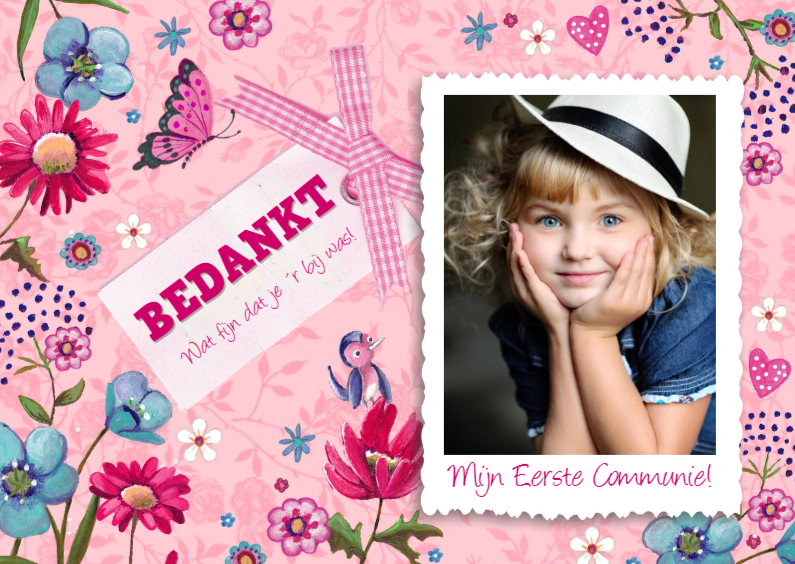 Bedankkaart Communie Roze Bloemen - Communiekaarten Communiekaarten - Bedankkaart Communie Roze Bloemen