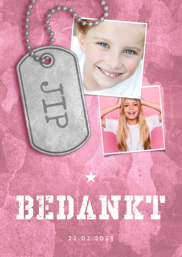 Communiekaarten - Bedankkaart communie roze stoer met fotos en legerplaatje