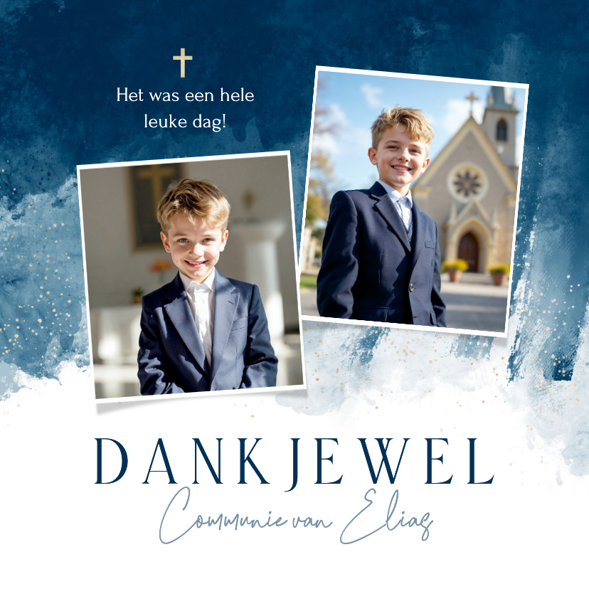 Bedankkaart communie waterverf donkerblauw goud foto - Communiekaarten Communiekaarten - Bedankkaart communie waterverf donkerblauw goud foto