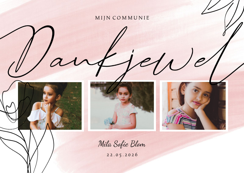 Bedankkaart communie waterverf met lijntekening en fotos - Communiekaarten Communiekaarten - Bedankkaart communie waterverf met lijntekening en fotos