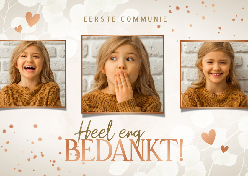 Bedankkaart eerste communie eucalyptus hartjes en spetters - Communiekaarten Communiekaarten - Bedankkaart eerste communie eucalyptus hartjes en spetters