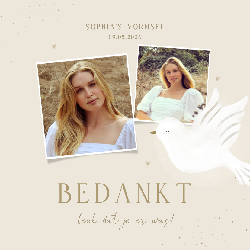Bedankkaart heilig vormsel beige duif hartjes - Communiekaarten Communiekaarten - Bedankkaart heilig vormsel beige duif hartjes