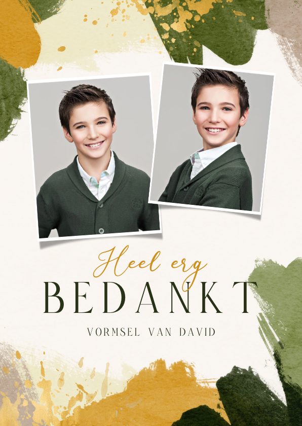 Bedankkaart heilig vormsel waterverf goud groen foto - Communiekaarten Communiekaarten - Bedankkaart heilig vormsel waterverf goud groen foto