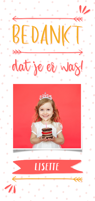 Communiekaarten - Bedankkaart meisje typografisch met confetti en eigen foto 