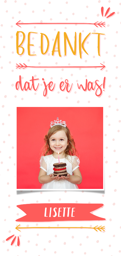 Bedankkaart meisje typografisch met confetti en eigen foto - Communiekaarten Communiekaarten - Bedankkaart meisje typografisch met confetti en eigen foto