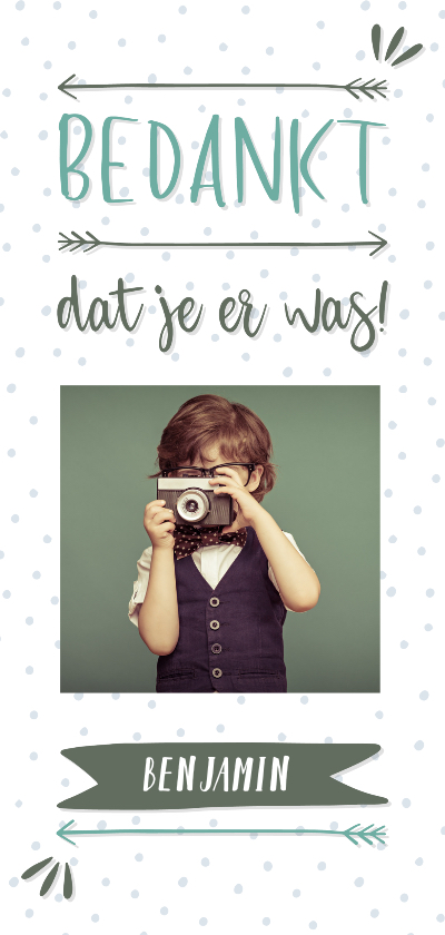 Communiekaarten - Bedankkaart typografisch met confetti en eigen foto jongen